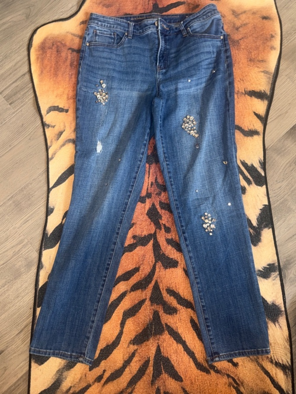Chico's Blue Boyfriend Straight-Leg Jeans with Crystal Embellishments